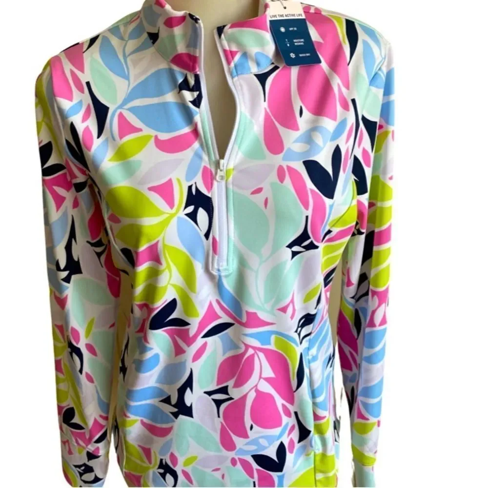 Tommy Bahama Performance Quarter Zip Top - S pink blue floral , poly spandex